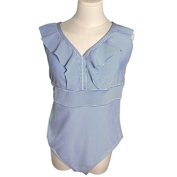 Time and Tru Plus 3X Blue Striped One Piece Swimsuit Ruffle V Neck 24W 26W - Picture 5 of 16